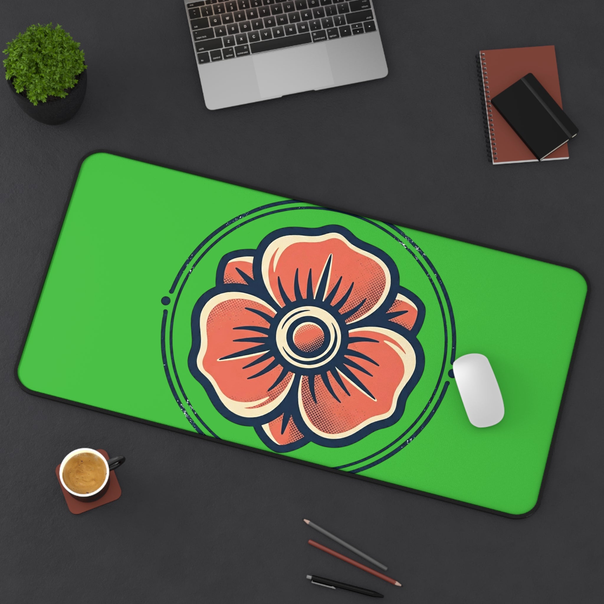 Floral Emblem Desk Mat — Green Poppy Mouse Pad