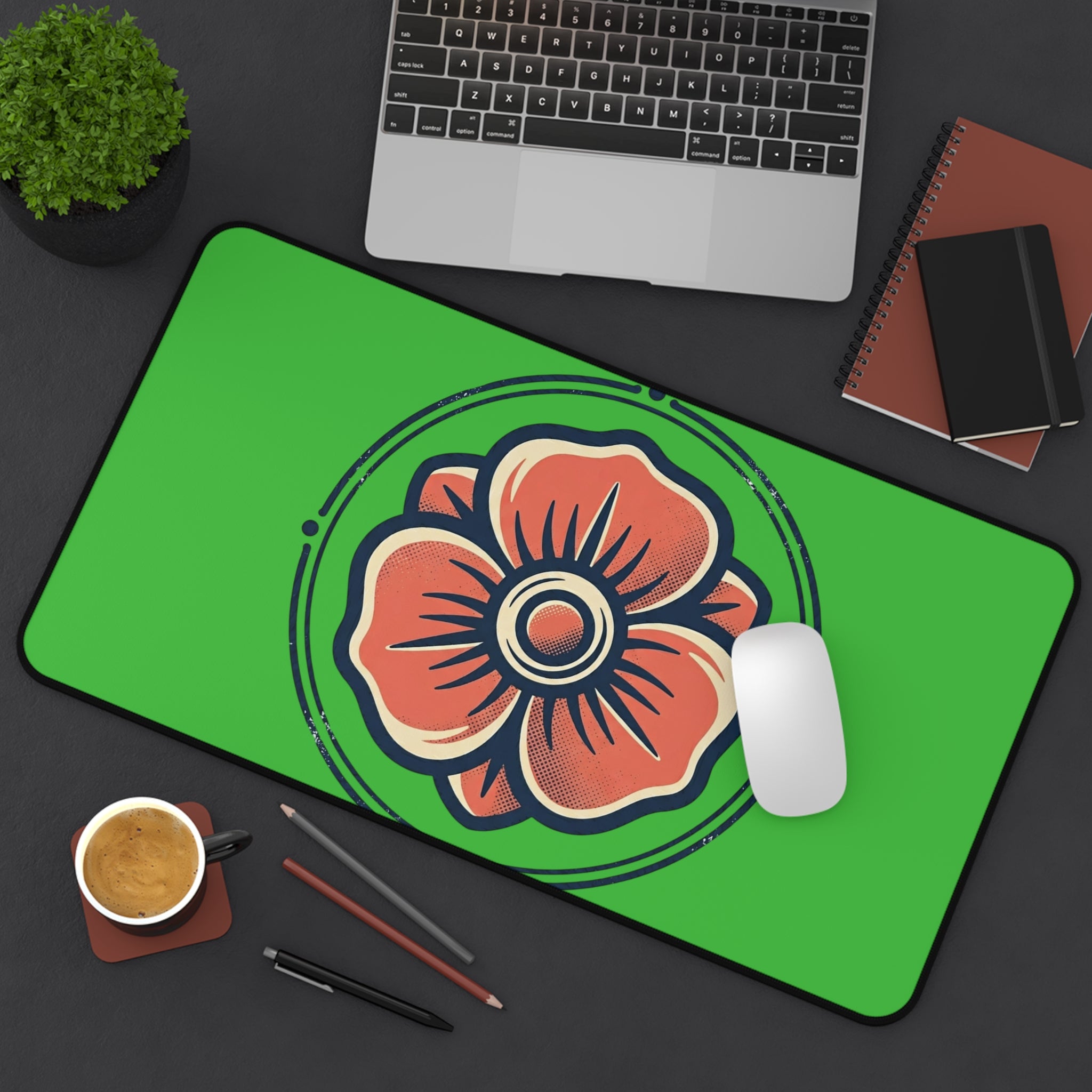 Floral Emblem Desk Mat — Green Poppy Mouse Pad