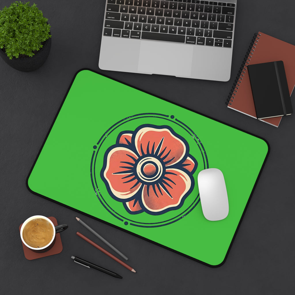 Floral Emblem Desk Mat — Green Poppy Mouse Pad