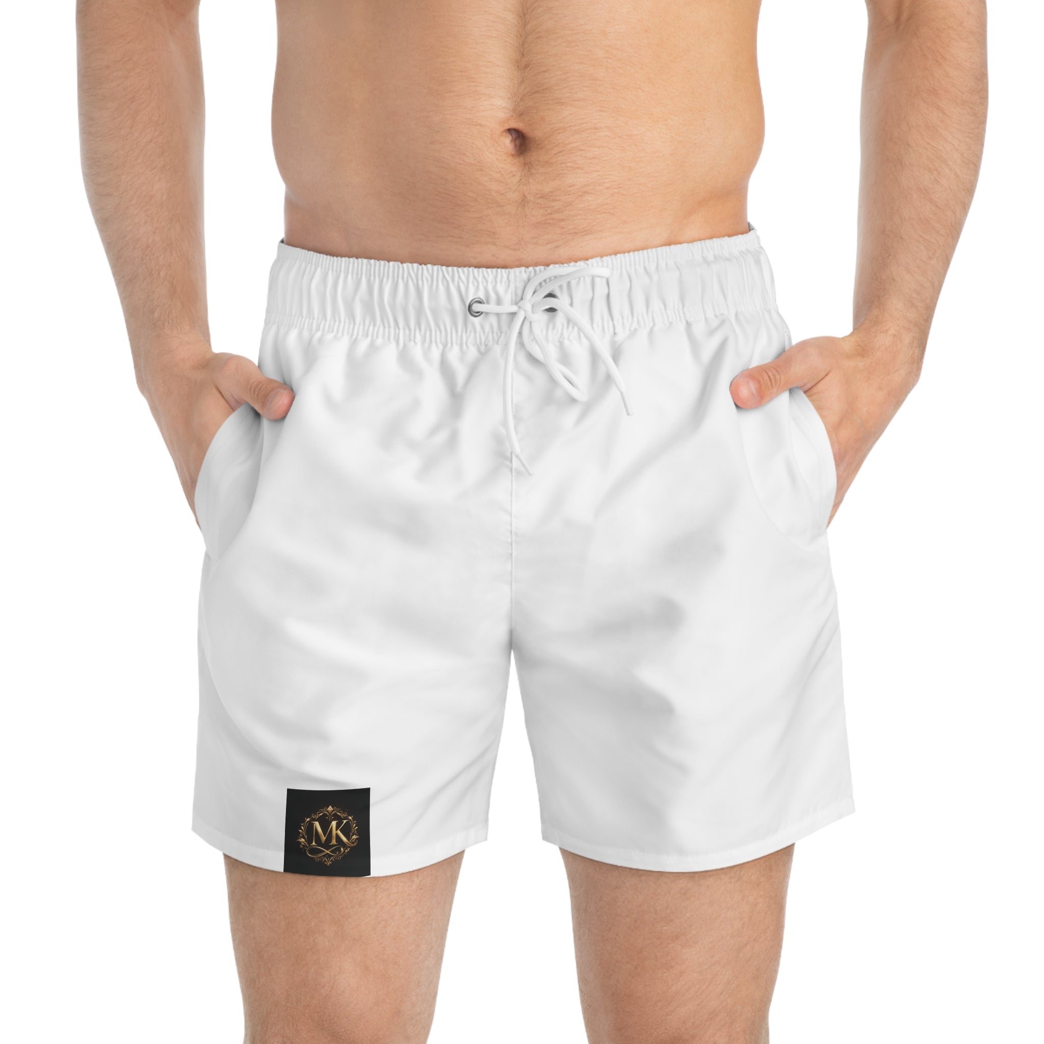 Men's White Swim Trunks – Minimal Logo Beach Shorts